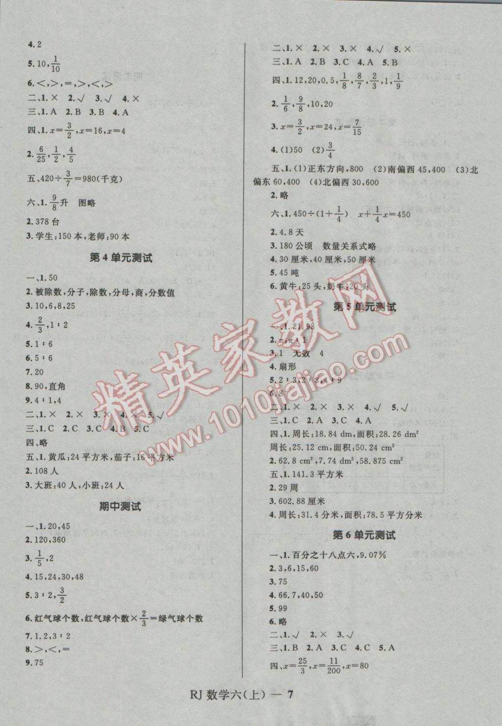 2016年奪冠百分百小學(xué)優(yōu)化訓(xùn)練六年級數(shù)學(xué)上冊人教版 參考答案第7頁