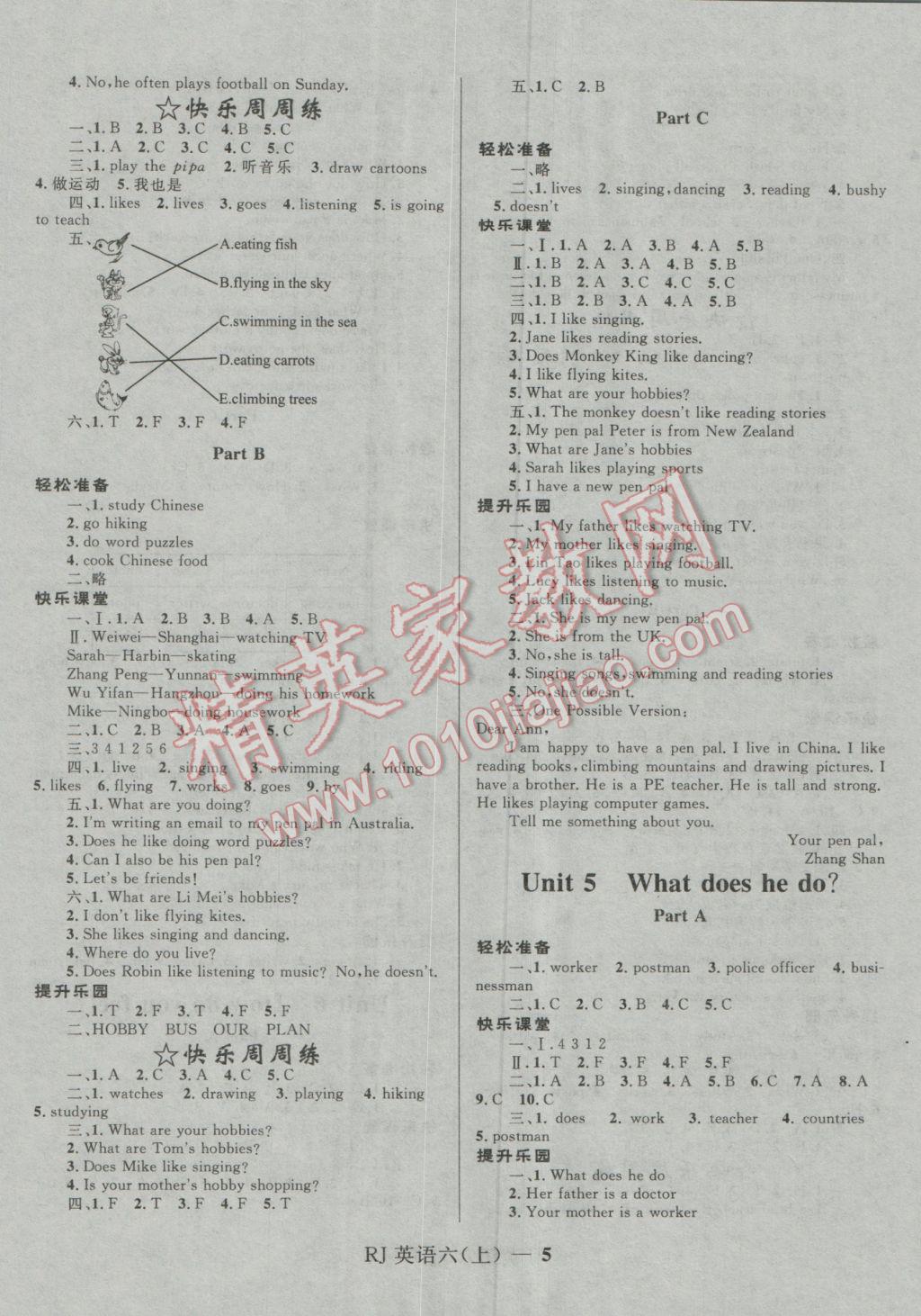 2016年奪冠百分百小學(xué)優(yōu)化訓(xùn)練六年級(jí)英語(yǔ)上冊(cè)人教版 參考答案第5頁(yè)