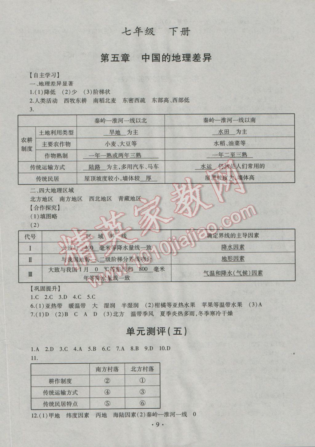 2016年同步學(xué)習(xí)七年級(jí)地理全一冊(cè)四年制 參考答案第9頁(yè)