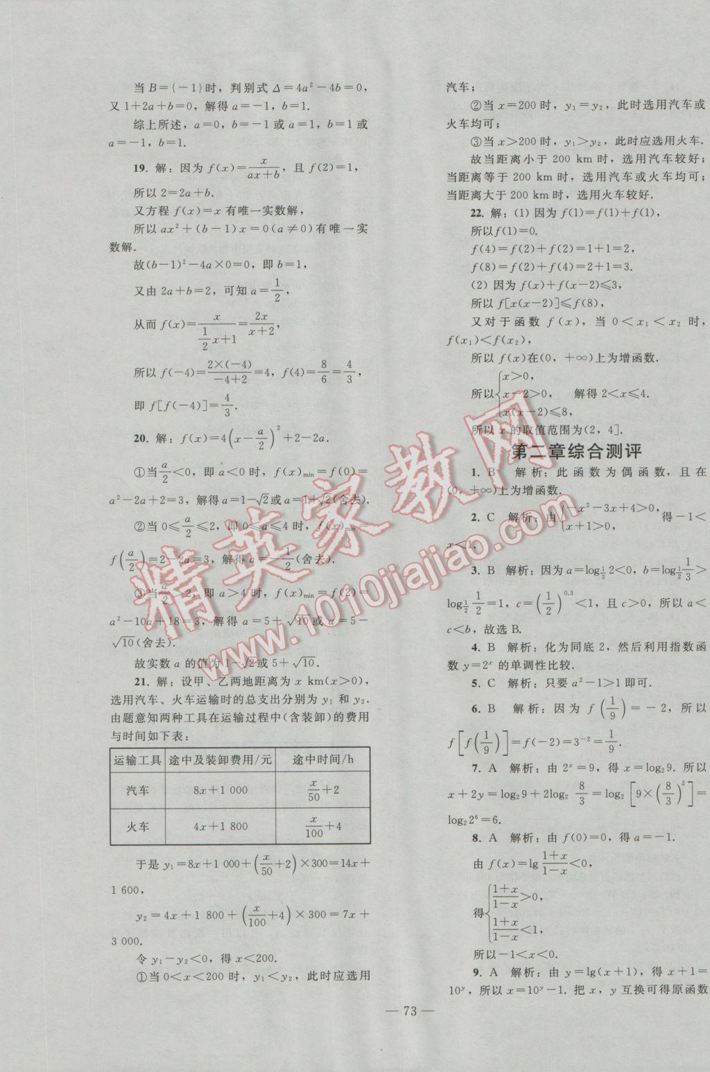 2016年优化学案数学必修1人教A版 参考答案第49页