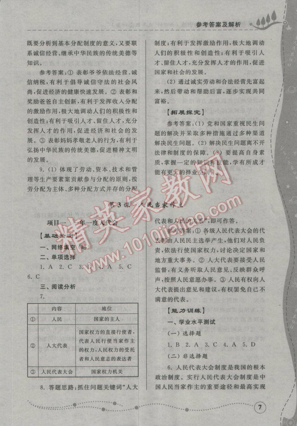 2016年綜合能力訓(xùn)練九年級思想品德全一冊魯人版五四制 參考答案第7頁