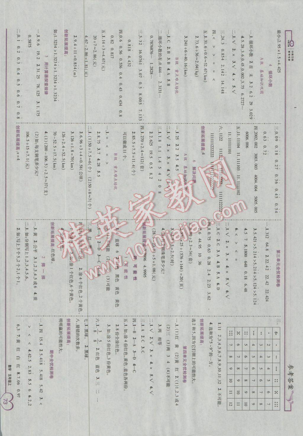 2016年全优备考五年级数学上册人教版 参考答案第3页