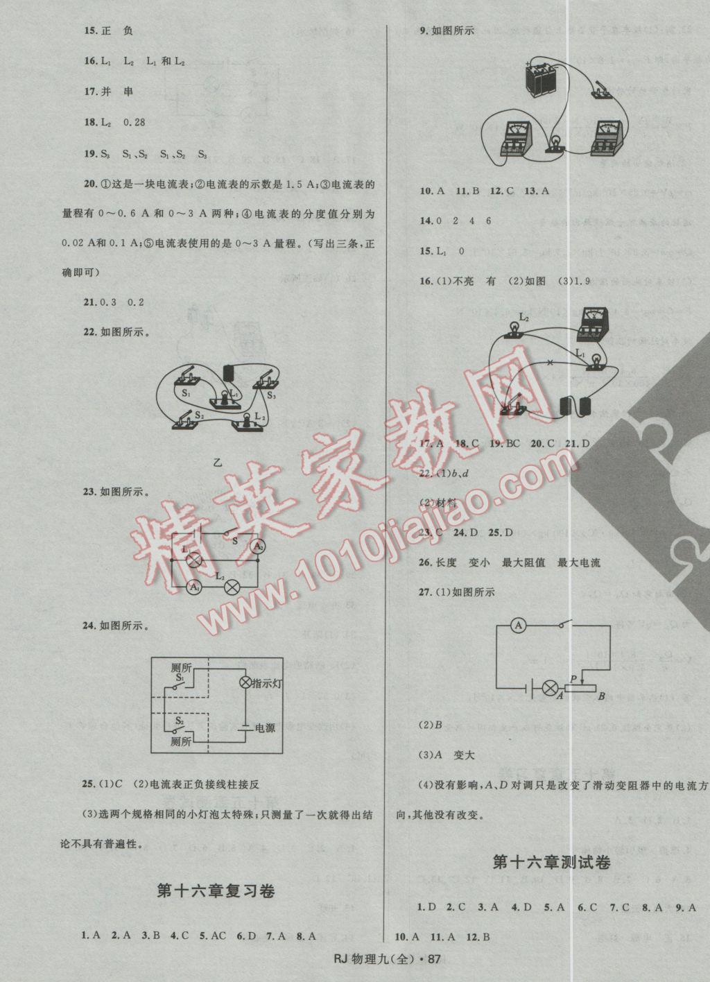 2016年夺冠百分百初中优化测试卷九年级物理全一册人教版 参考答案第6页