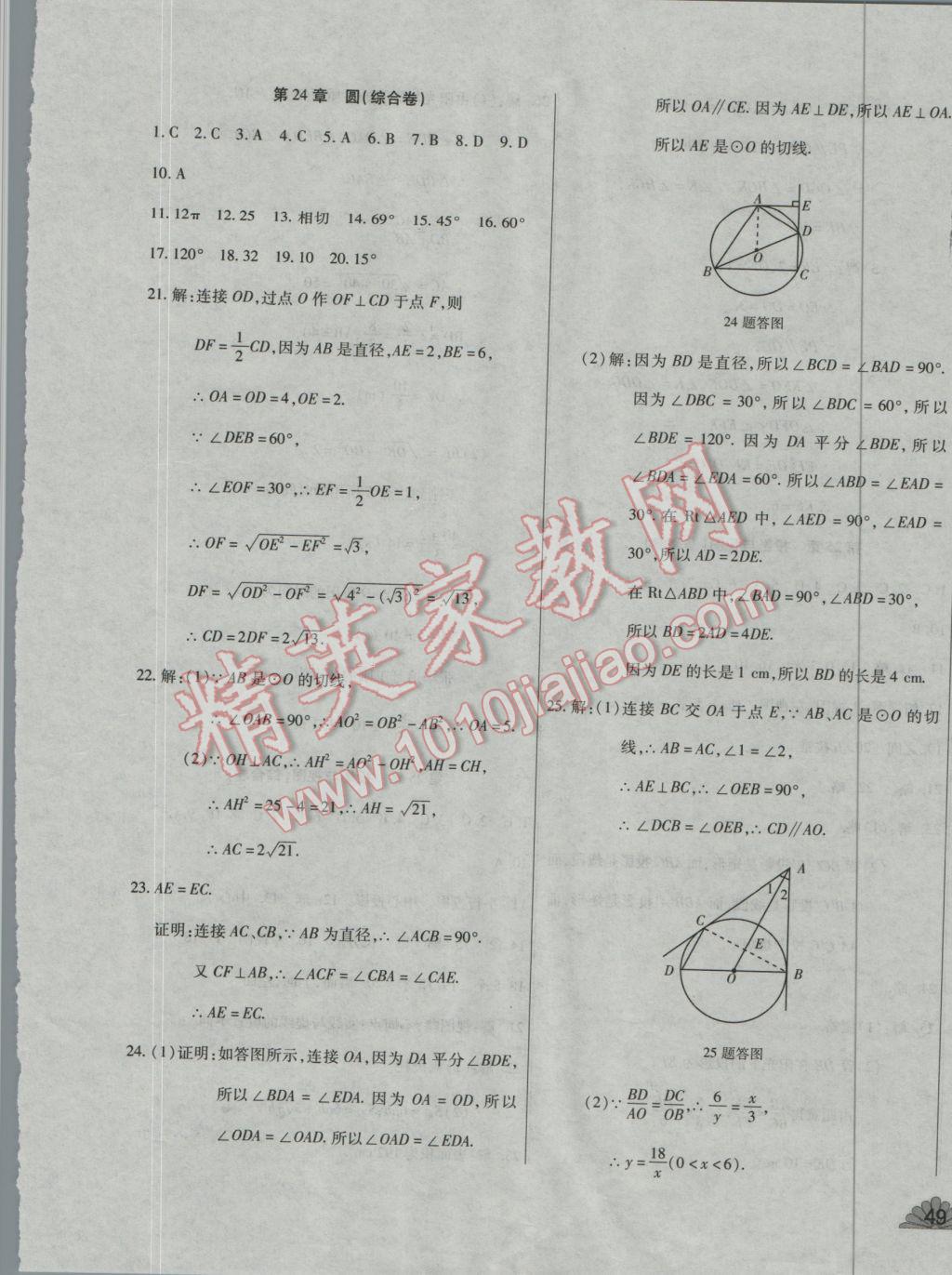 2016年千里馬單元測(cè)試卷九年級(jí)數(shù)學(xué)全一冊(cè)滬科版 參考答案第9頁(yè)