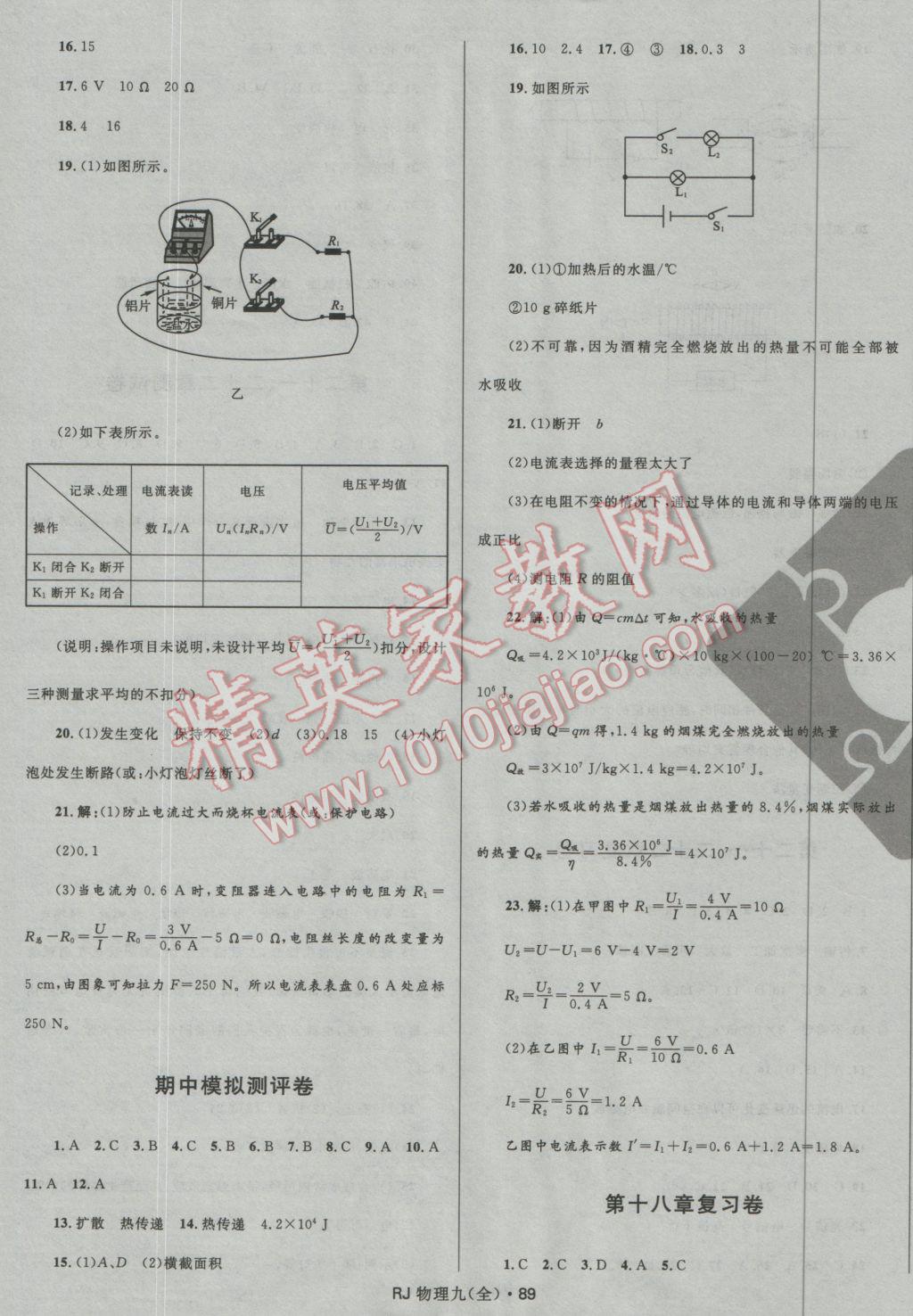 2016年夺冠百分百初中优化测试卷九年级物理全一册人教版 参考答案第8页