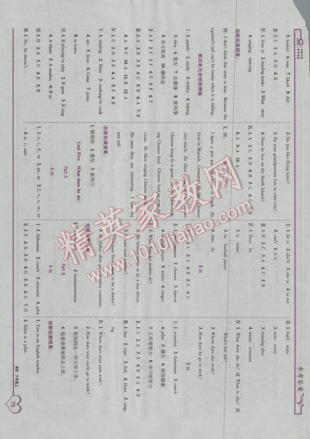 2016年全優(yōu)備考六年級(jí)英語上冊(cè)人教版 參考答案第5頁