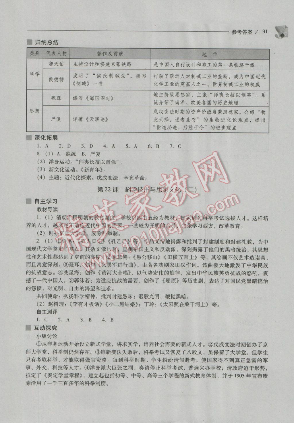 2016年新课程问题解决导学方案八年级中国历史上册人教版 参考答案第31页