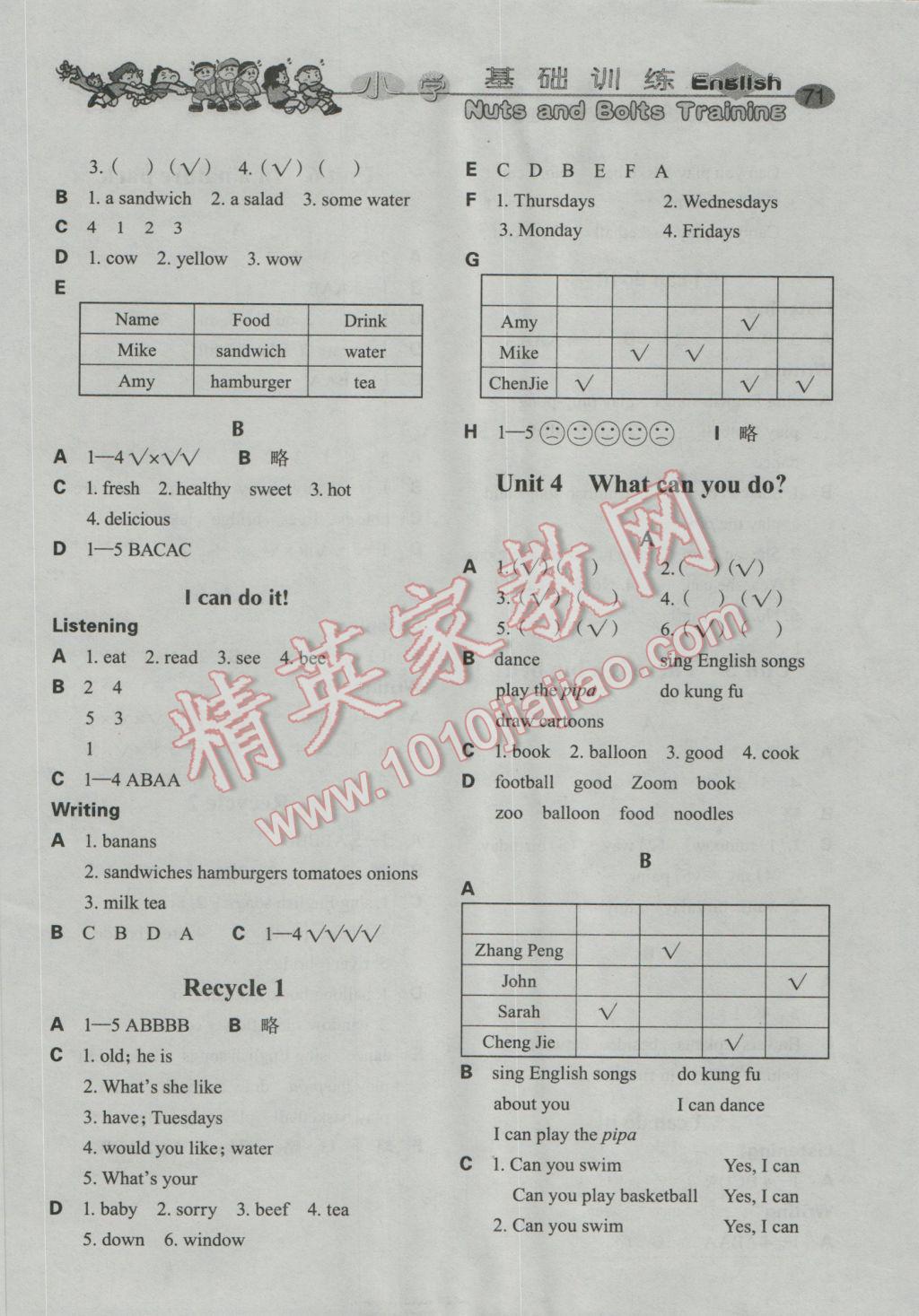 2016年小學基礎訓練五年級英語上冊人教PEP版三起山東教育出版社 參考答案第6頁