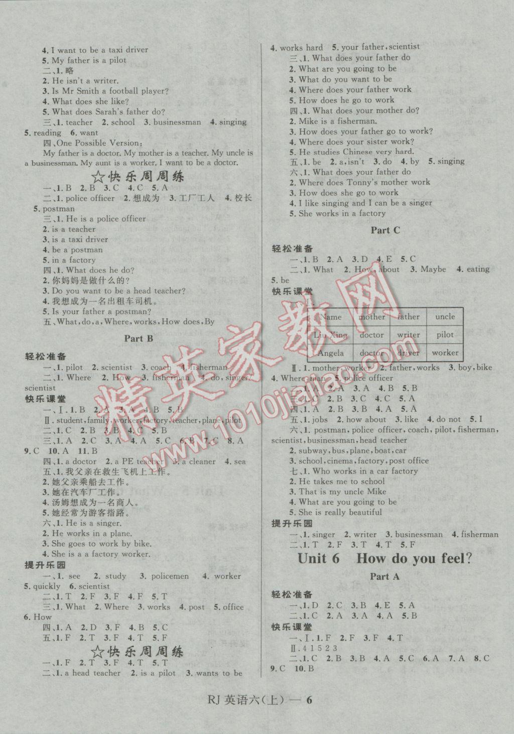 2016年奪冠百分百小學(xué)優(yōu)化訓(xùn)練六年級(jí)英語上冊(cè)人教版 參考答案第6頁