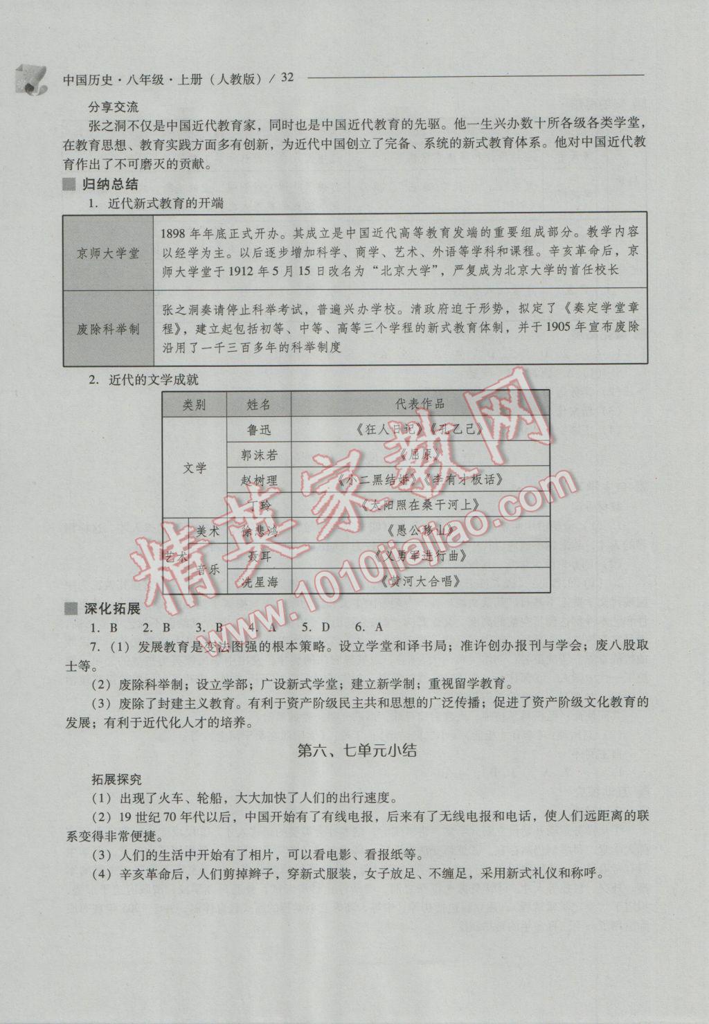 2016年新课程问题解决导学方案八年级中国历史上册人教版 参考答案第32页