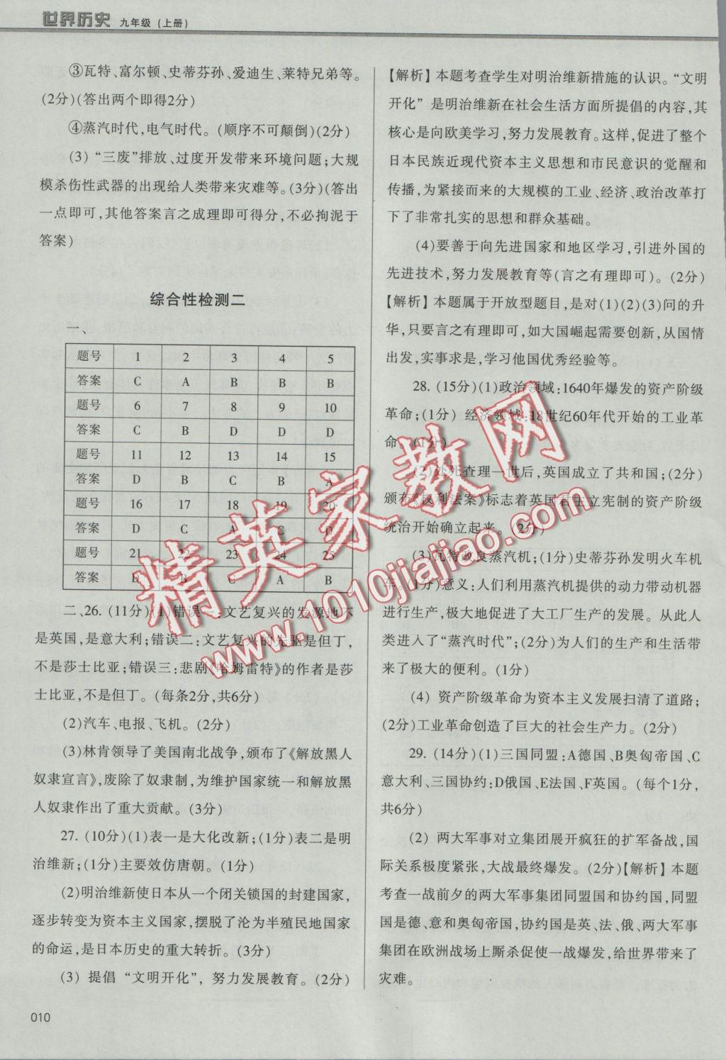 2016年學(xué)習(xí)質(zhì)量監(jiān)測(cè)九年級(jí)世界歷史上冊(cè)人教版 參考答案第10頁(yè)