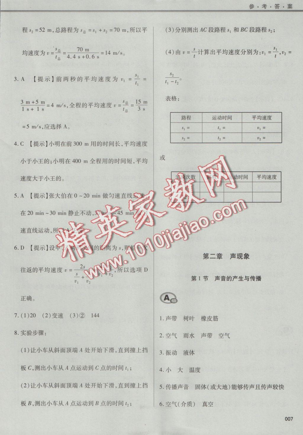 2016年學(xué)習(xí)質(zhì)量監(jiān)測八年級物理上冊人教版 參考答案第7頁