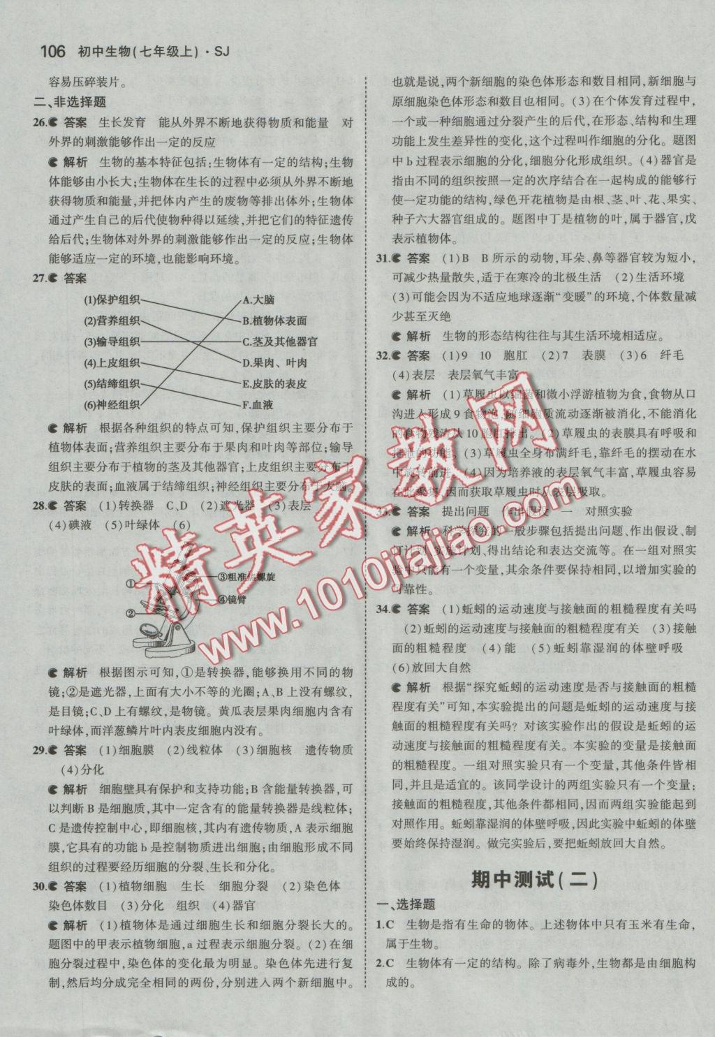 2016年5年中考3年模擬初中生物七年級(jí)上冊(cè)蘇教版 參考答案第14頁