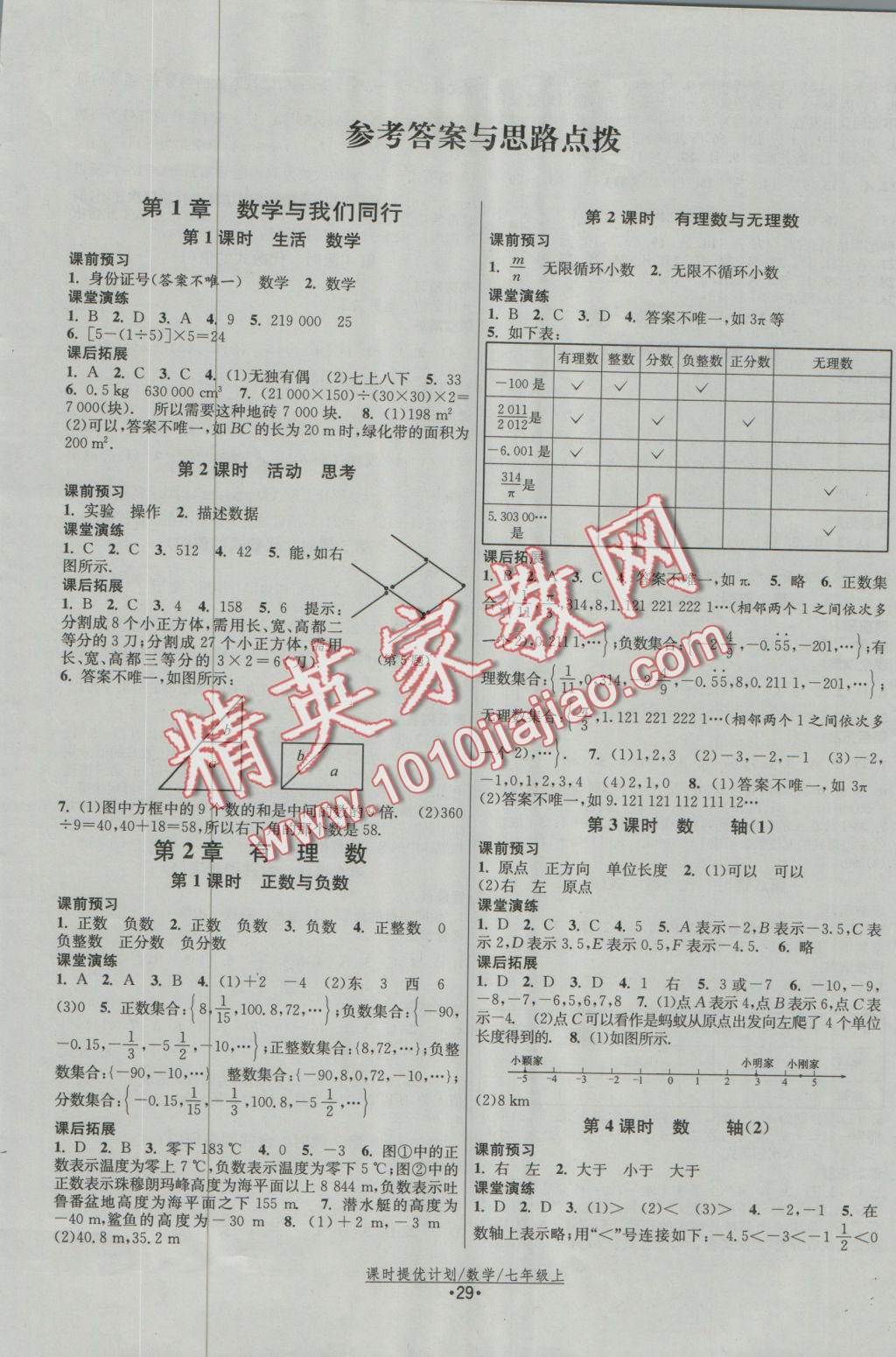 2016年課時提優(yōu)計劃作業(yè)本七年級數(shù)學(xué)上冊蘇科版 參考答案第1頁