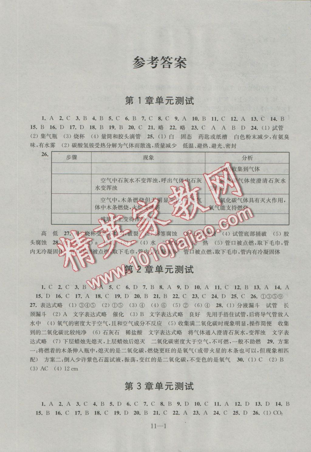 2016年同步练习配套试卷九年级化学上册沪教版江苏科学技术出版社 参考答案第1页