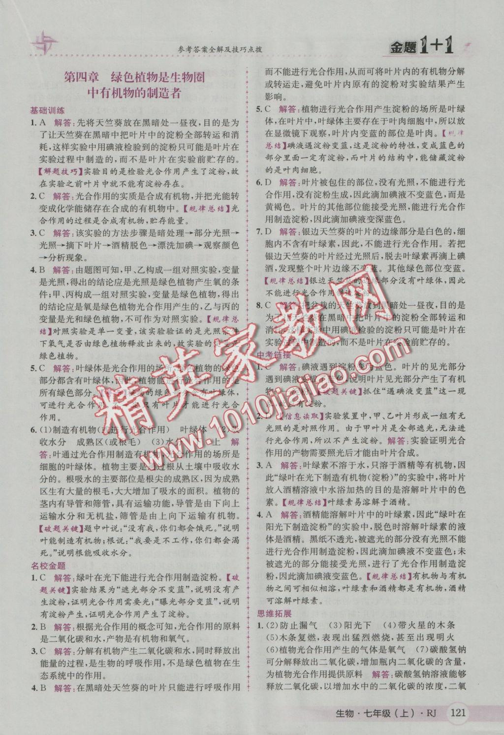2016年金題1加1七年級生物上冊人教版 參考答案第29頁