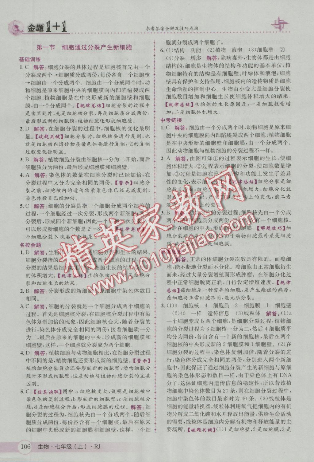 2016年金題1加1七年級生物上冊人教版 參考答案第14頁