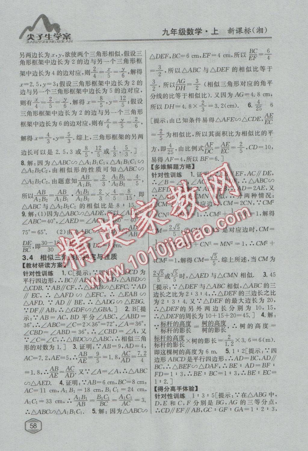 2016年尖子生學(xué)案九年級數(shù)學(xué)上冊湘教版 參考答案第20頁