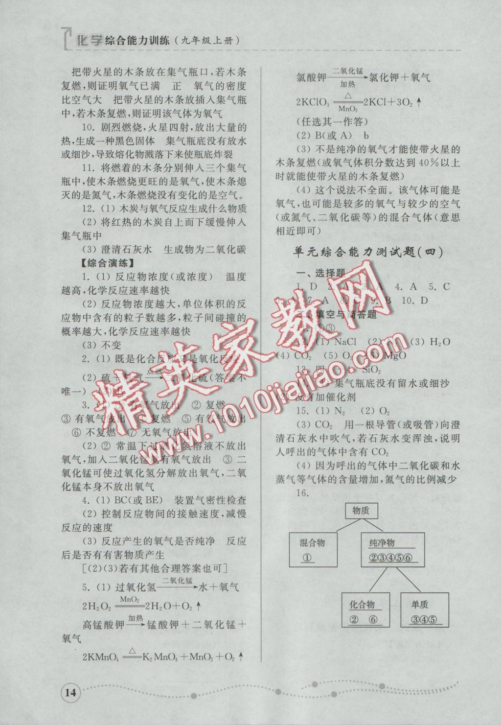 2016年綜合能力訓(xùn)練九年級化學(xué)上冊魯教版 參考答案第14頁