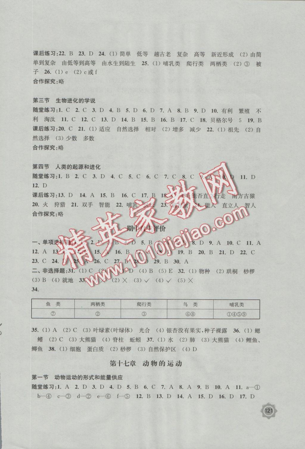 2016年学习与评价八年级生物学上册苏教版江苏凤凰教育出版社 参考答案第3页