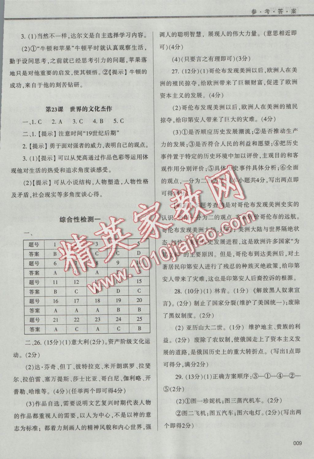 2016年学习质量监测九年级世界历史上册人教版 参考答案第9页