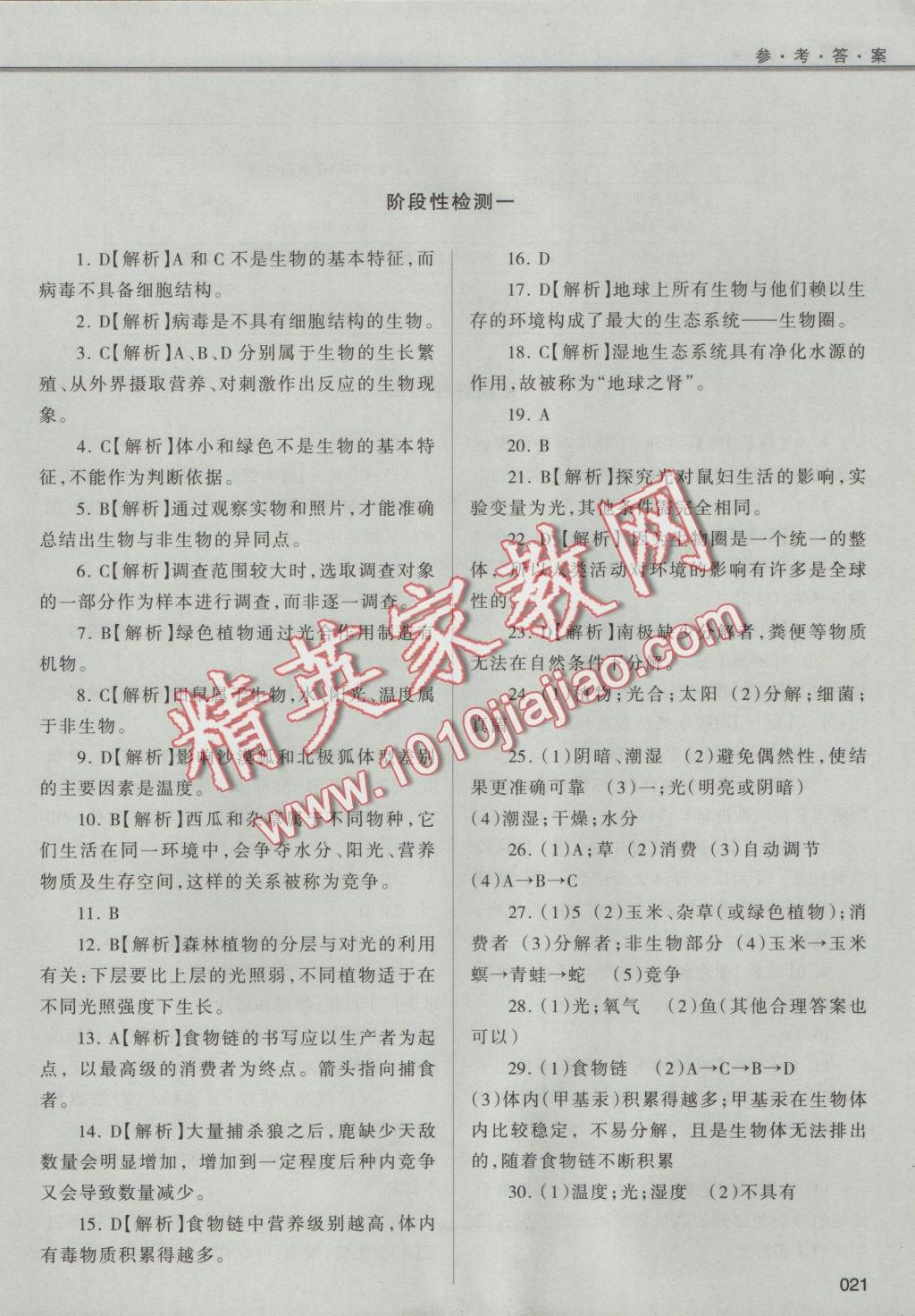 2016年學(xué)習(xí)質(zhì)量監(jiān)測七年級生物學(xué)上冊人教版 參考答案第21頁