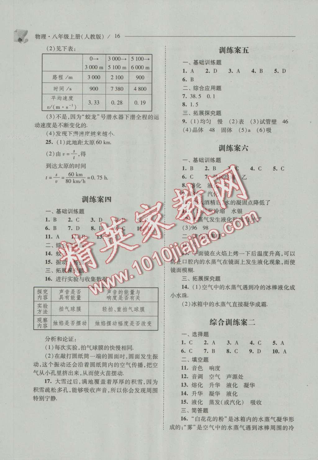 2016年新課程問(wèn)題解決導(dǎo)學(xué)方案八年級(jí)物理上冊(cè)人教版 參考答案第16頁(yè)