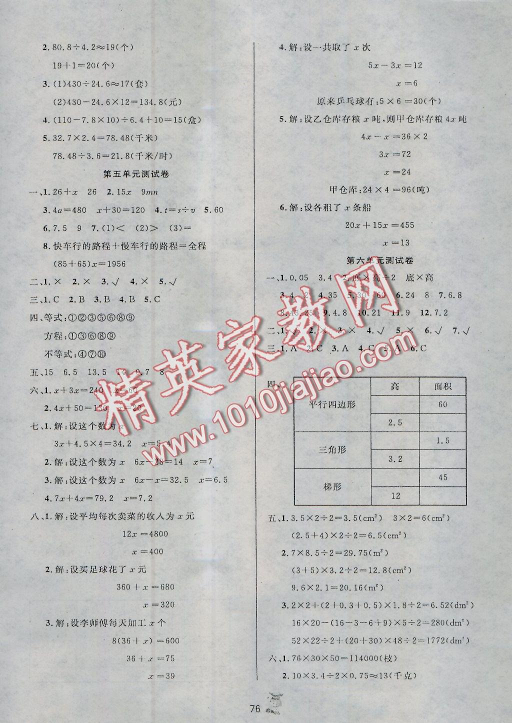 2016年百分金卷夺冠密题五年级数学上册人教版 参考答案第4页