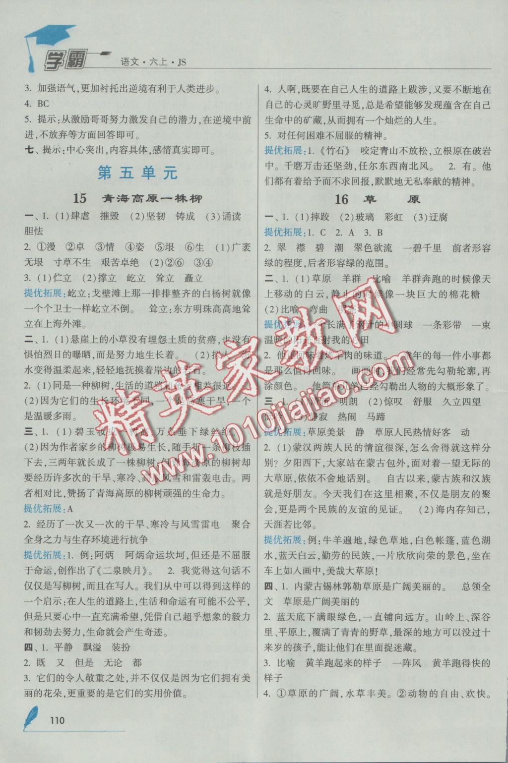 2016年經(jīng)綸學(xué)典學(xué)霸六年級語文上冊江蘇版 參考答案第10頁