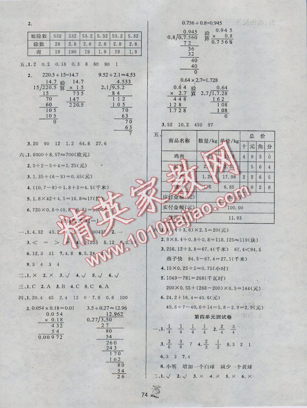 2016年百分金卷奪冠密題五年級數(shù)學(xué)上冊人教版 參考答案第2頁