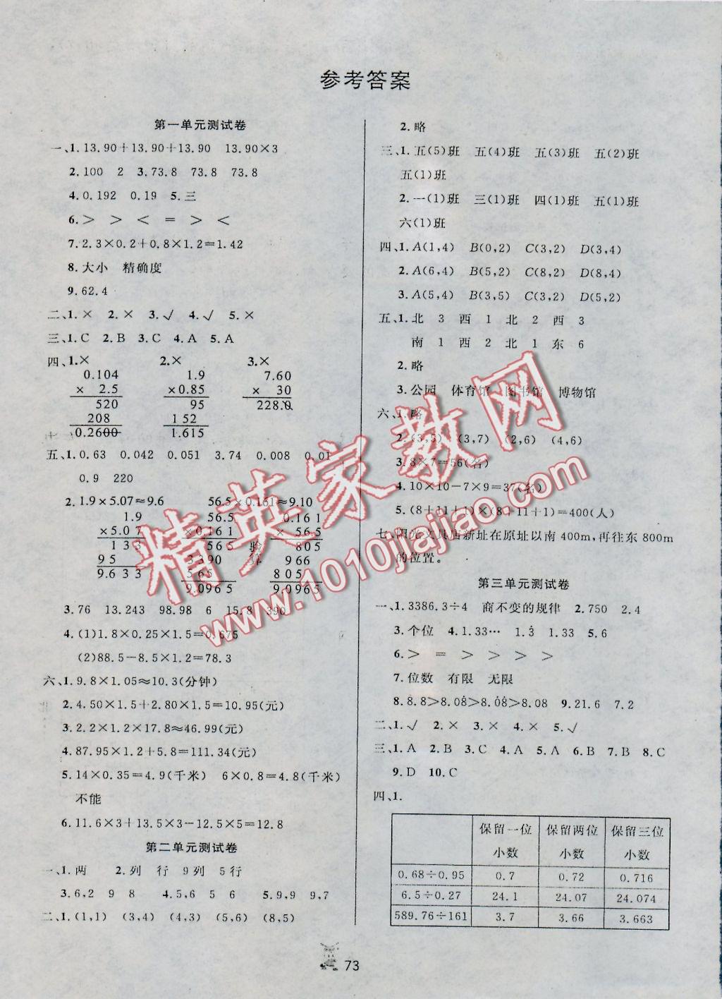 2016年百分金卷夺冠密题五年级数学上册人教版 参考答案第1页