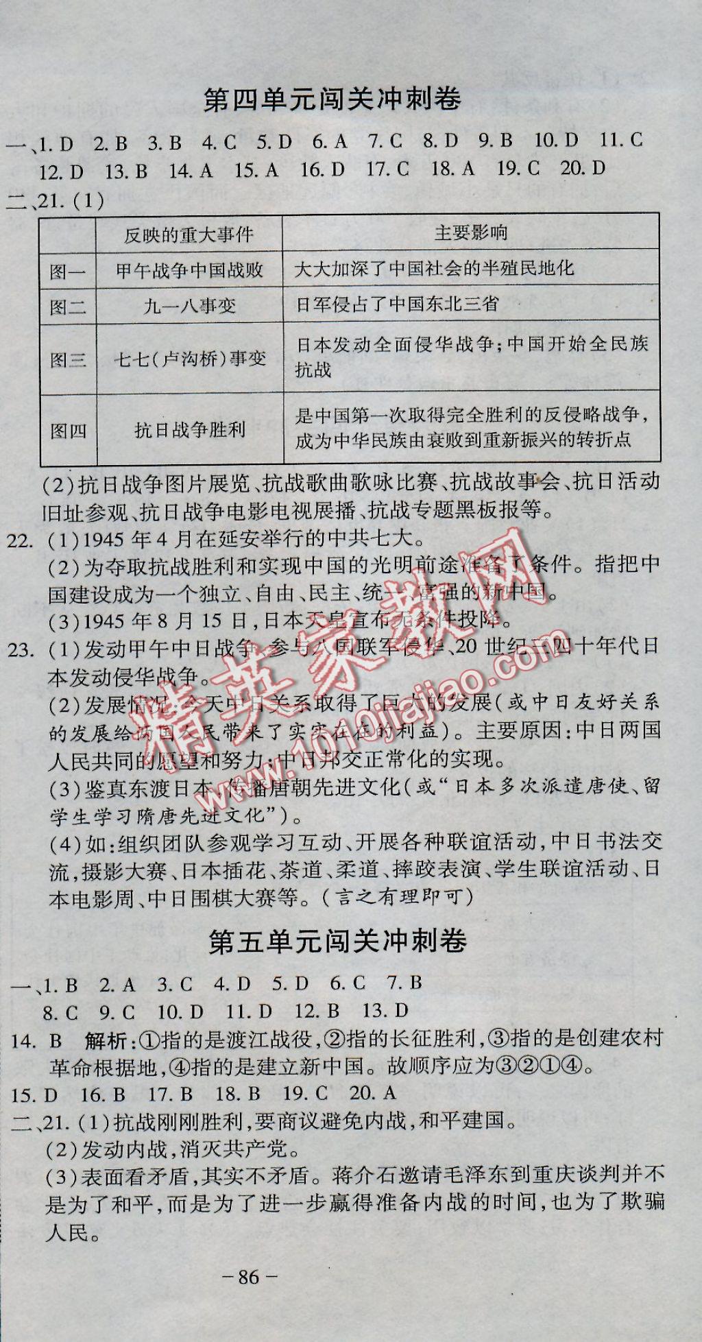 2016年全能闯关冲刺卷八年级历史上册人教版 参考答案第3页