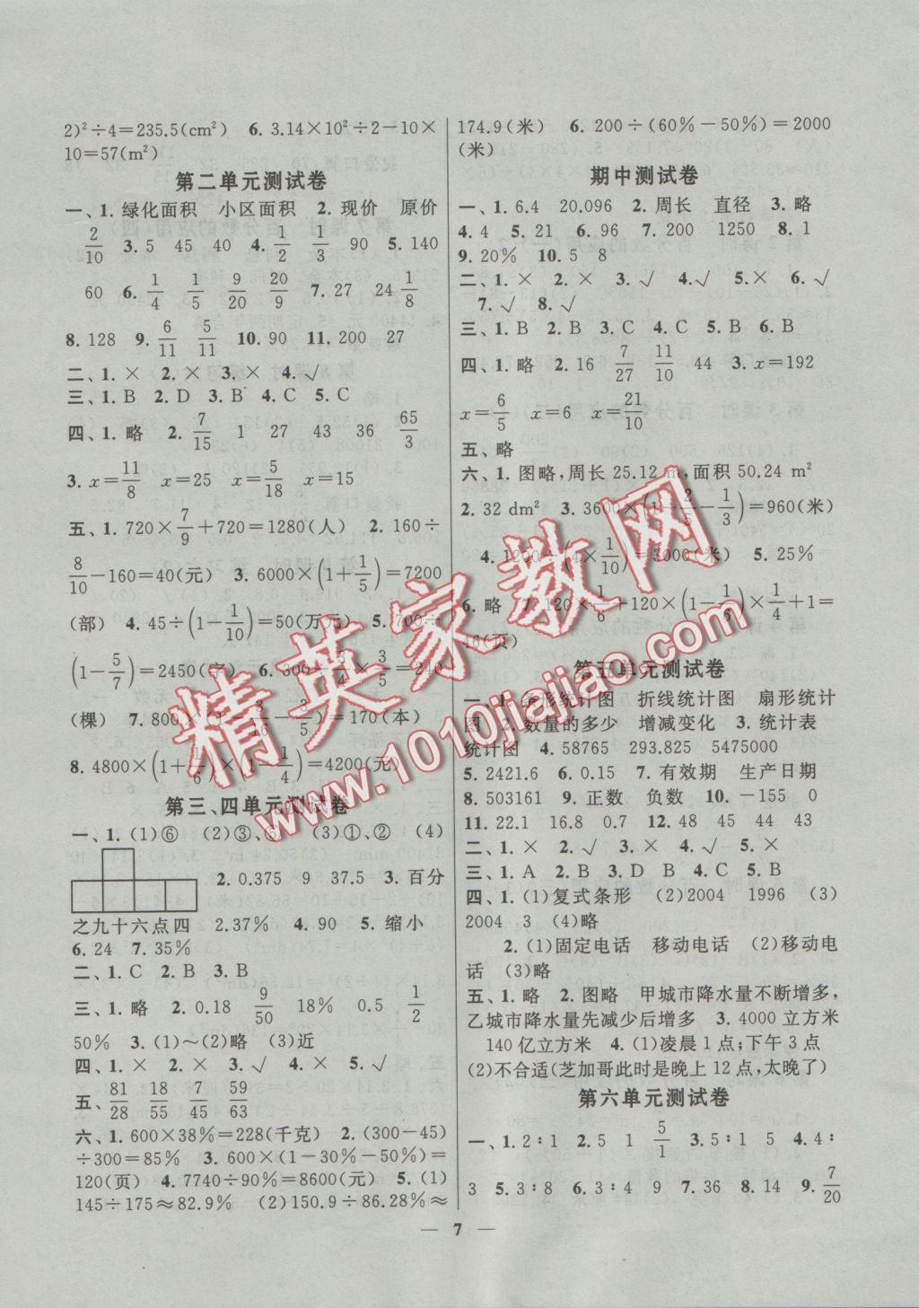 2016年啟東黃岡作業(yè)本六年級(jí)數(shù)學(xué)上冊(cè)北師大版 參考答案第7頁(yè)