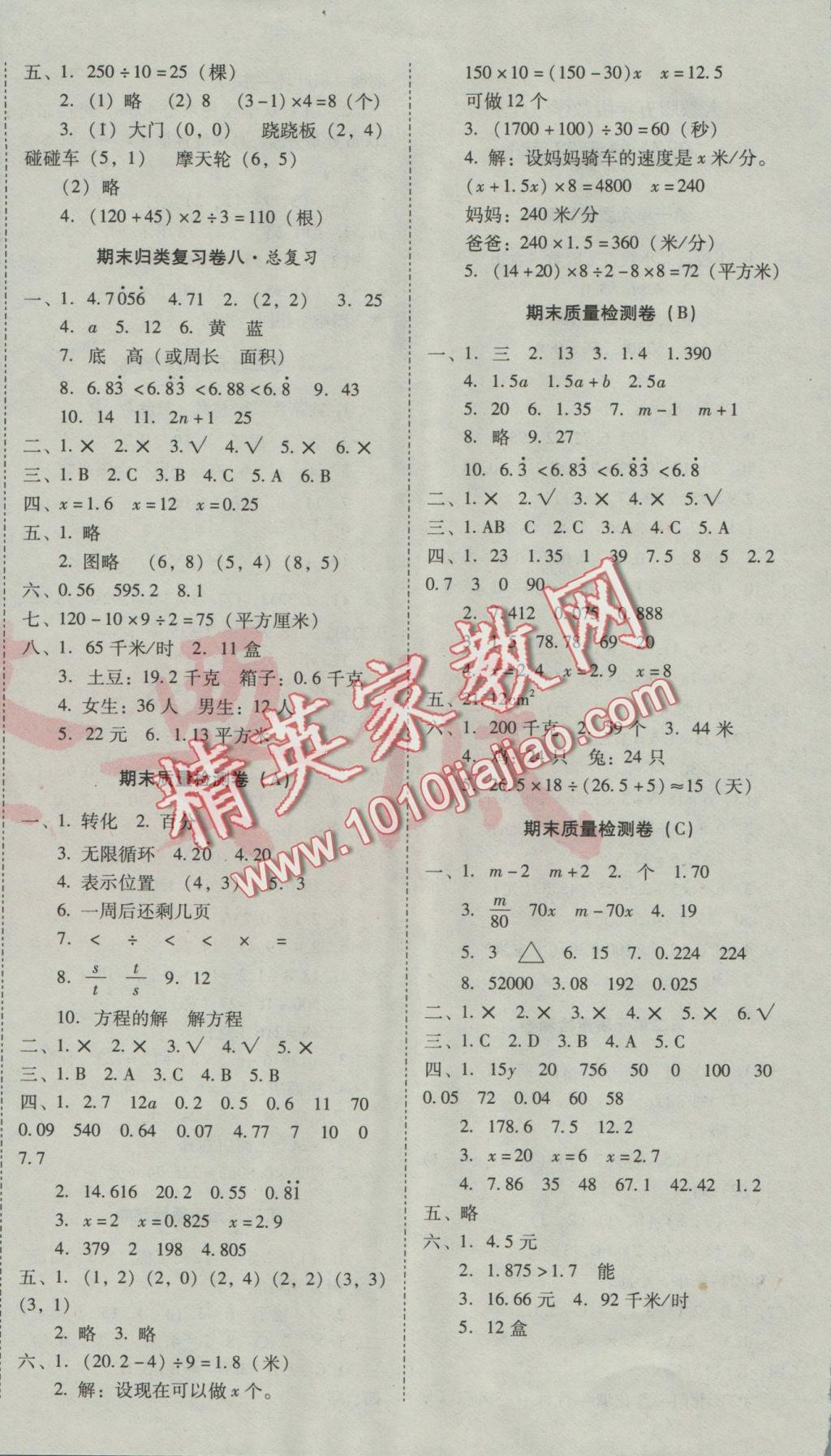 2016年云南師大附小一線名師核心試卷五年級(jí)數(shù)學(xué)上冊人教版 參考答案第4頁