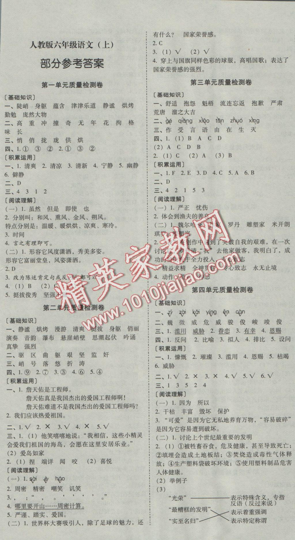 2016年云南師大附小一線名師核心試卷六年級(jí)語文上冊(cè)人教版 參考答案第1頁