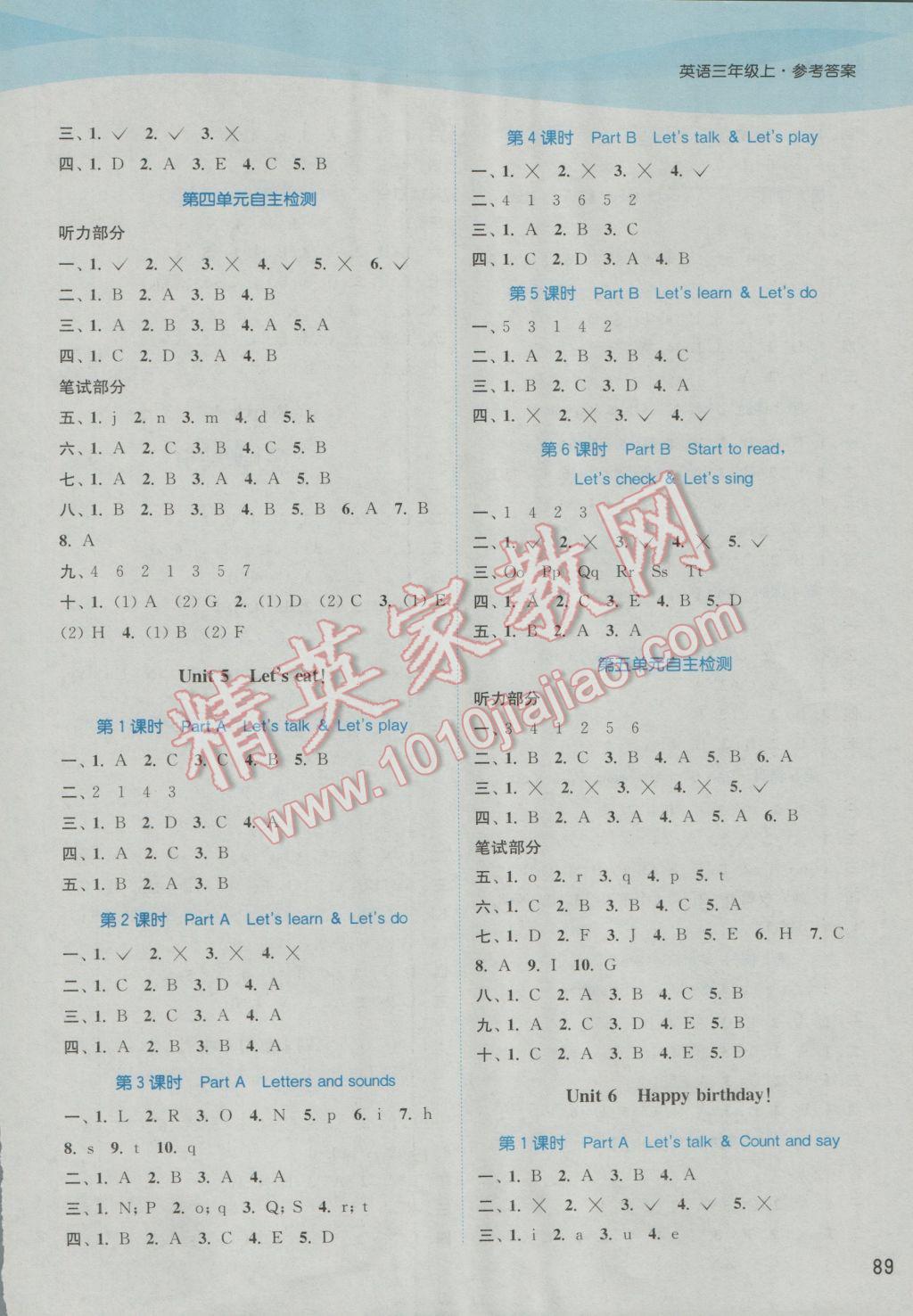 2016年通城学典课时作业本三年级英语上册人教PEP版 参考答案第11页