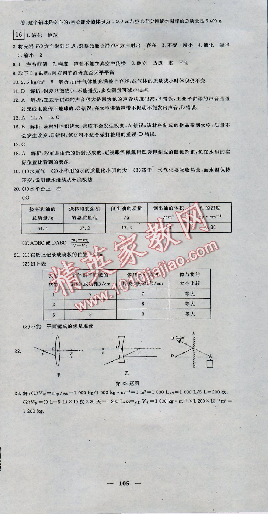 2016年王后雄黄冈密卷八年级物理上册沪粤版 参考答案第9页