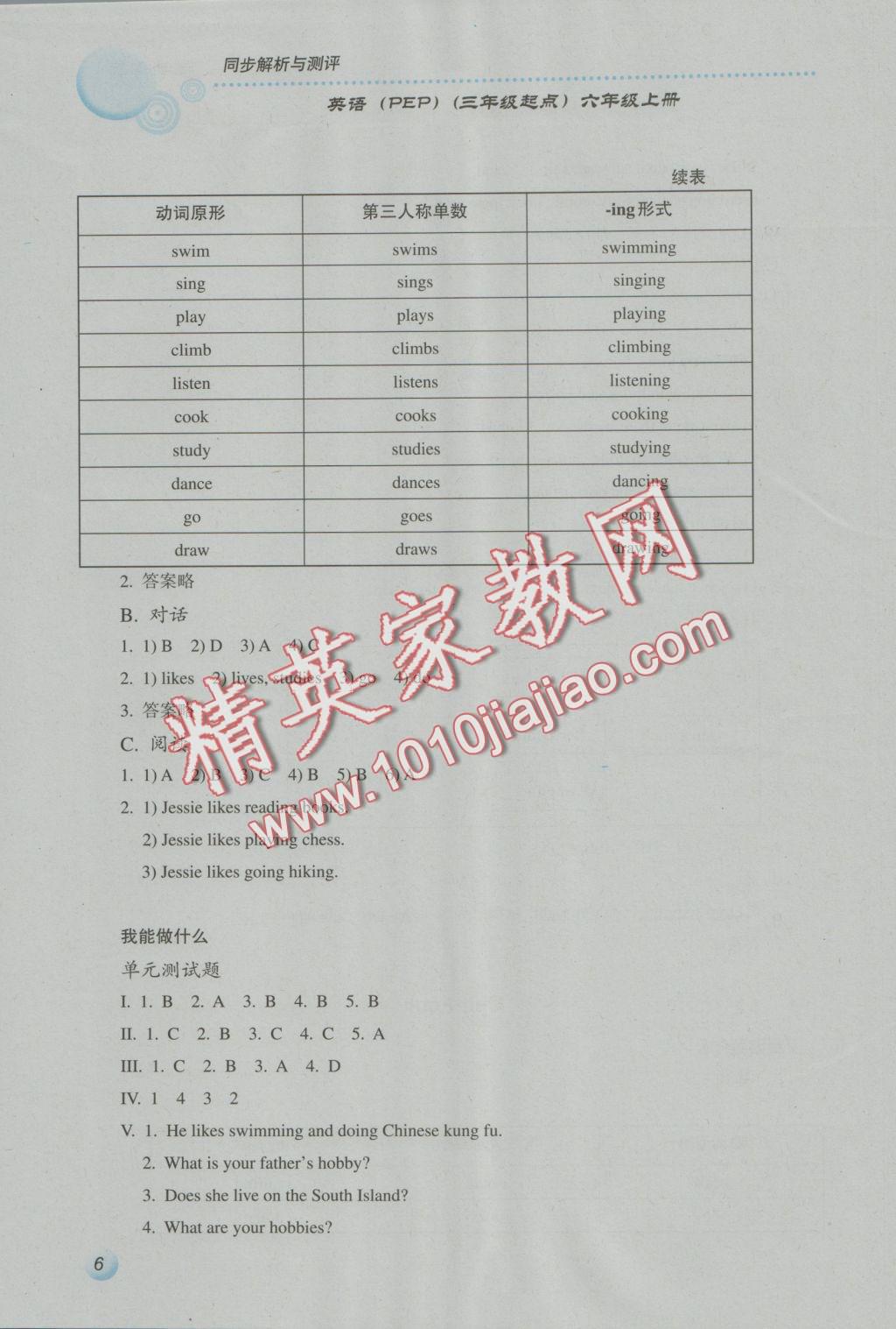 2016年人教金學(xué)典同步解析與測(cè)評(píng)六年級(jí)英語(yǔ)上冊(cè)人教PEP版三起J 參考答案第6頁(yè)