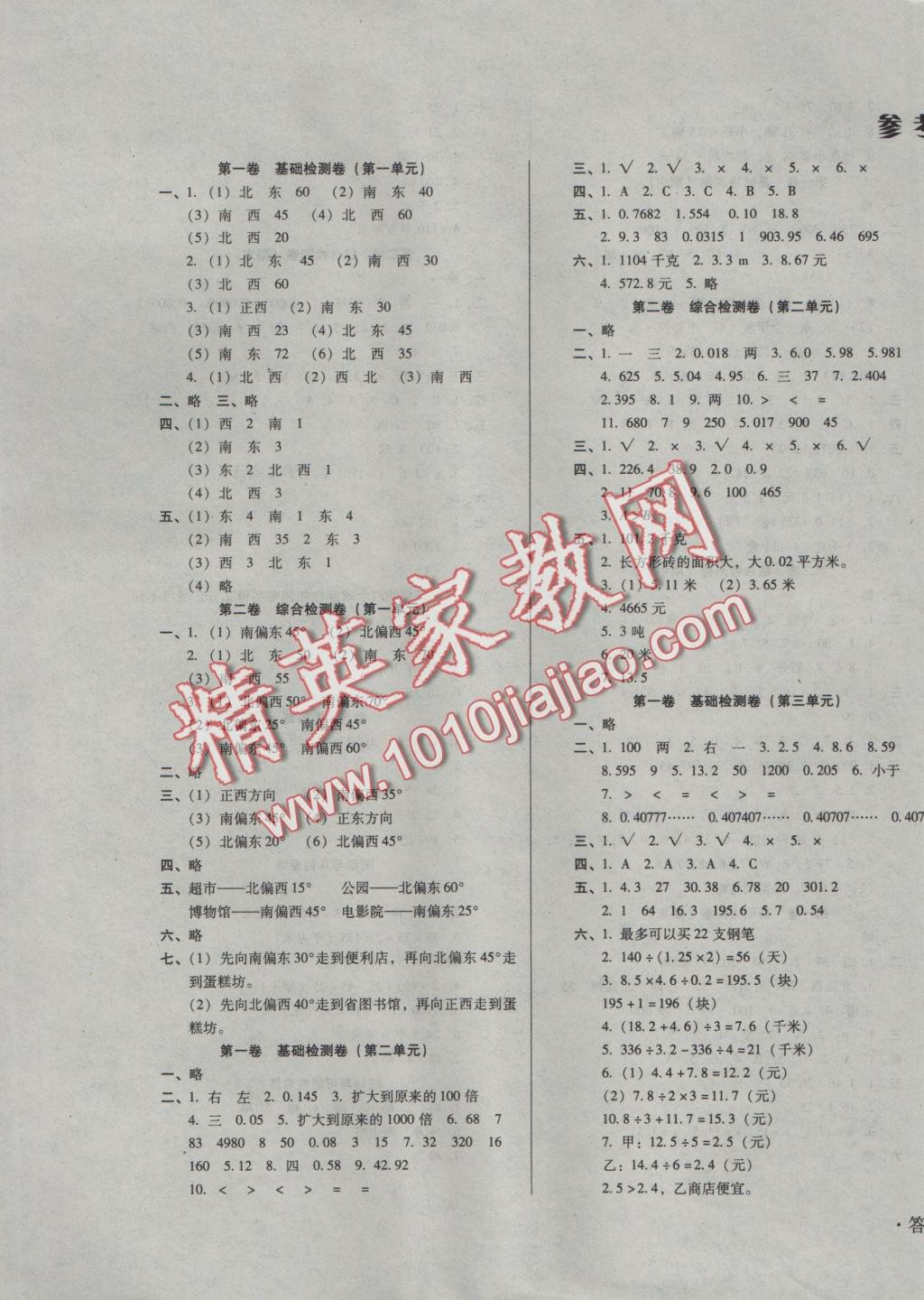 2016年單元檢測(cè)卷五年級(jí)數(shù)學(xué)上冊(cè) 參考答案第1頁(yè)