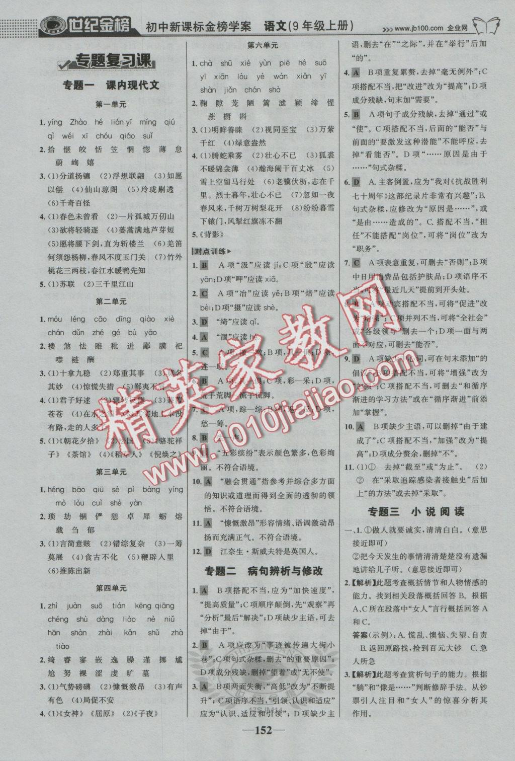 2016年世紀(jì)金榜金榜學(xué)案九年級(jí)語(yǔ)文上冊(cè)蘇教版 參考答案第21頁(yè)