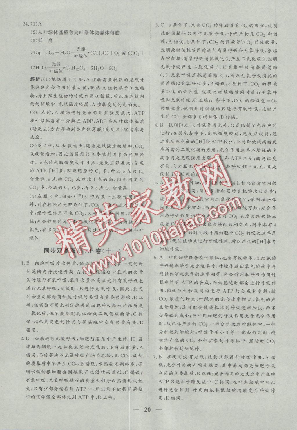 創(chuàng)新思維同步雙基雙測(cè)AB卷生物必修1 參考答案第20頁