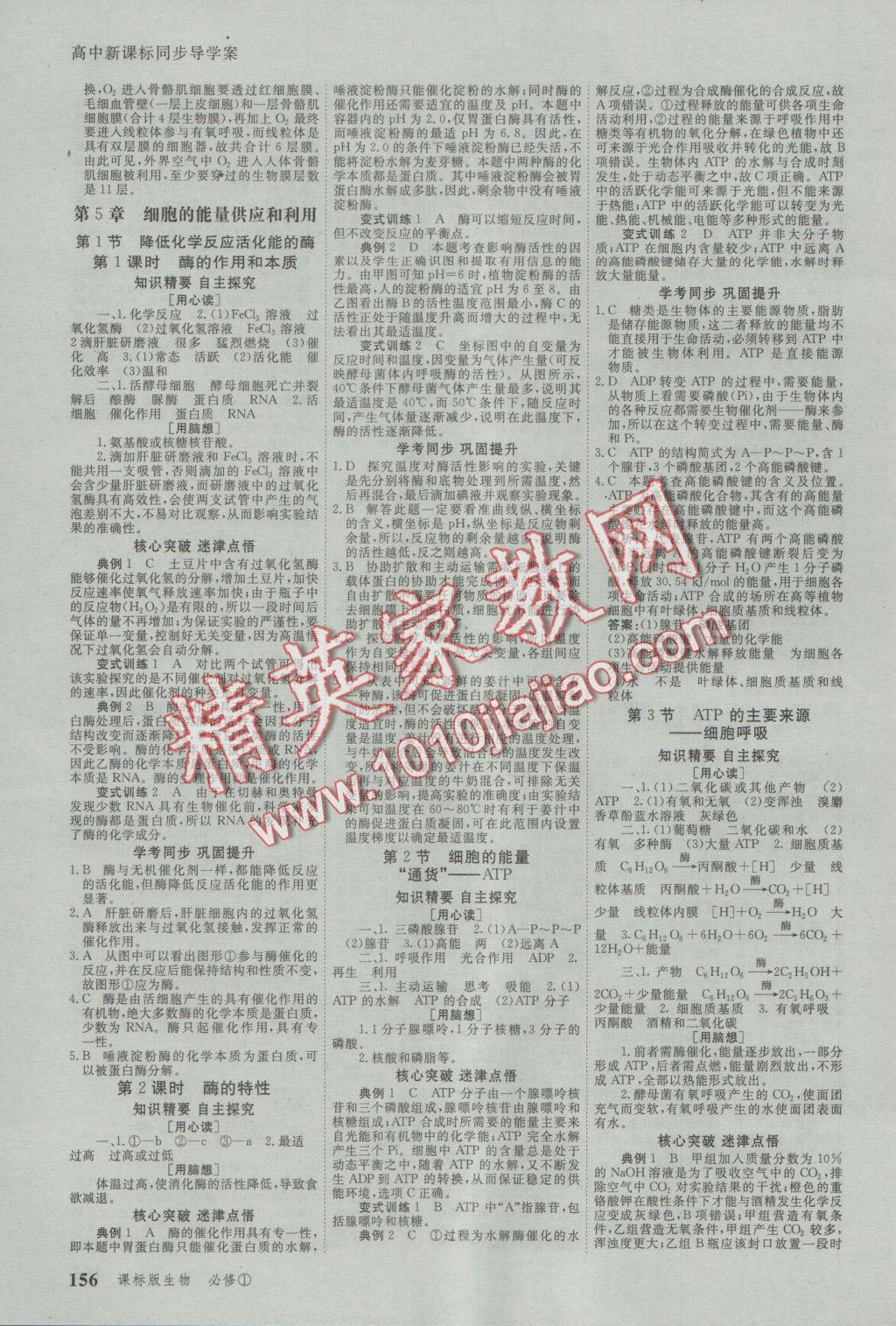 與名師對話高中新課標(biāo)同步導(dǎo)學(xué)案生物必修1人教版 參考答案第6頁