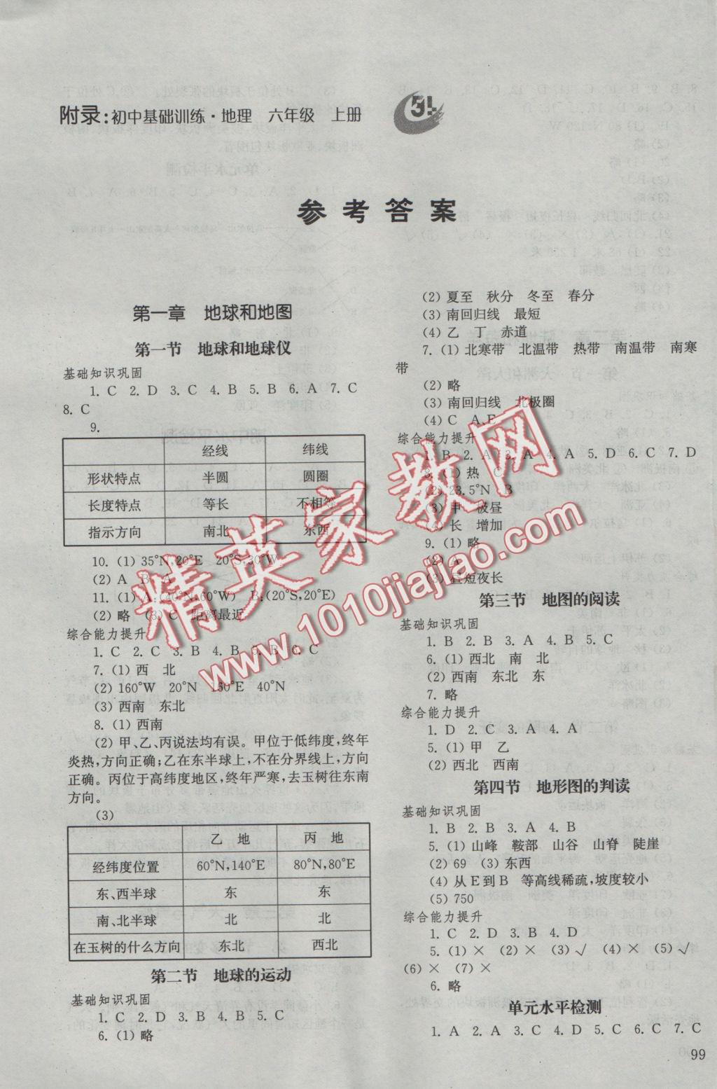 2016年初中基础训练六年级地理上册五四制山东教育出版社 参考答案第1页