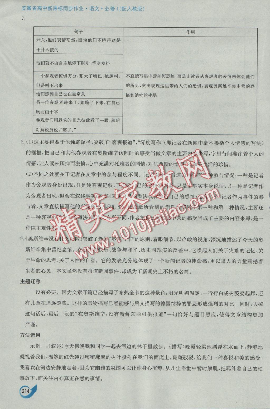 安徽省高中新課標(biāo)同步作業(yè)語文必修1人教版黃山書社 參考答案第42頁