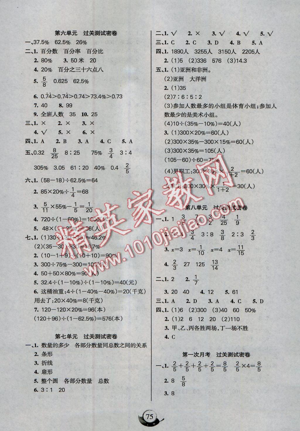 2016年滿分試卷單元期末過關(guān)檢測六年級數(shù)學(xué)上冊人教版 參考答案第3頁