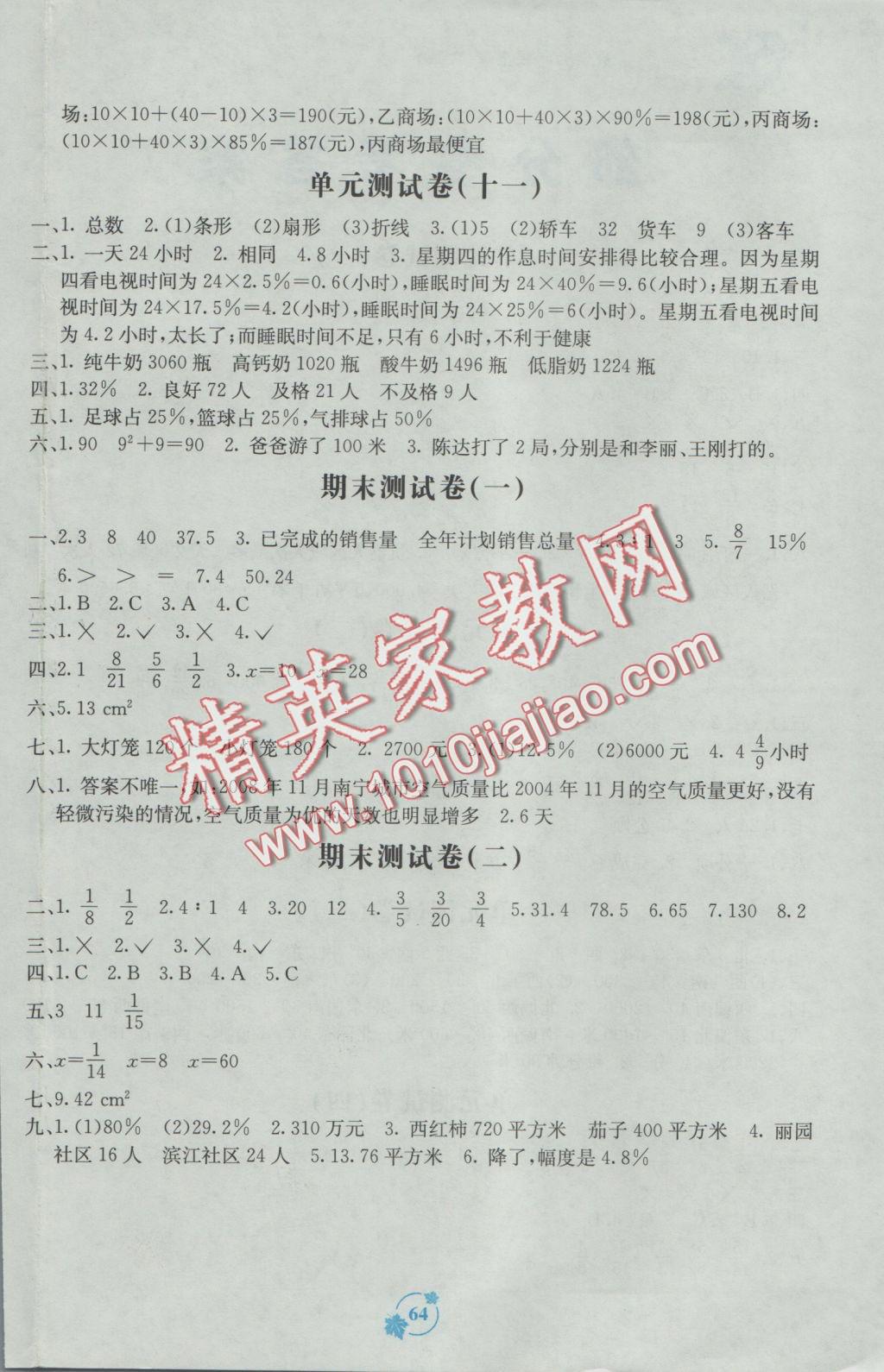 2016年自主學(xué)習(xí)能力測(cè)評(píng)六年級(jí)數(shù)學(xué)上冊(cè)A版 參考答案第4頁(yè)