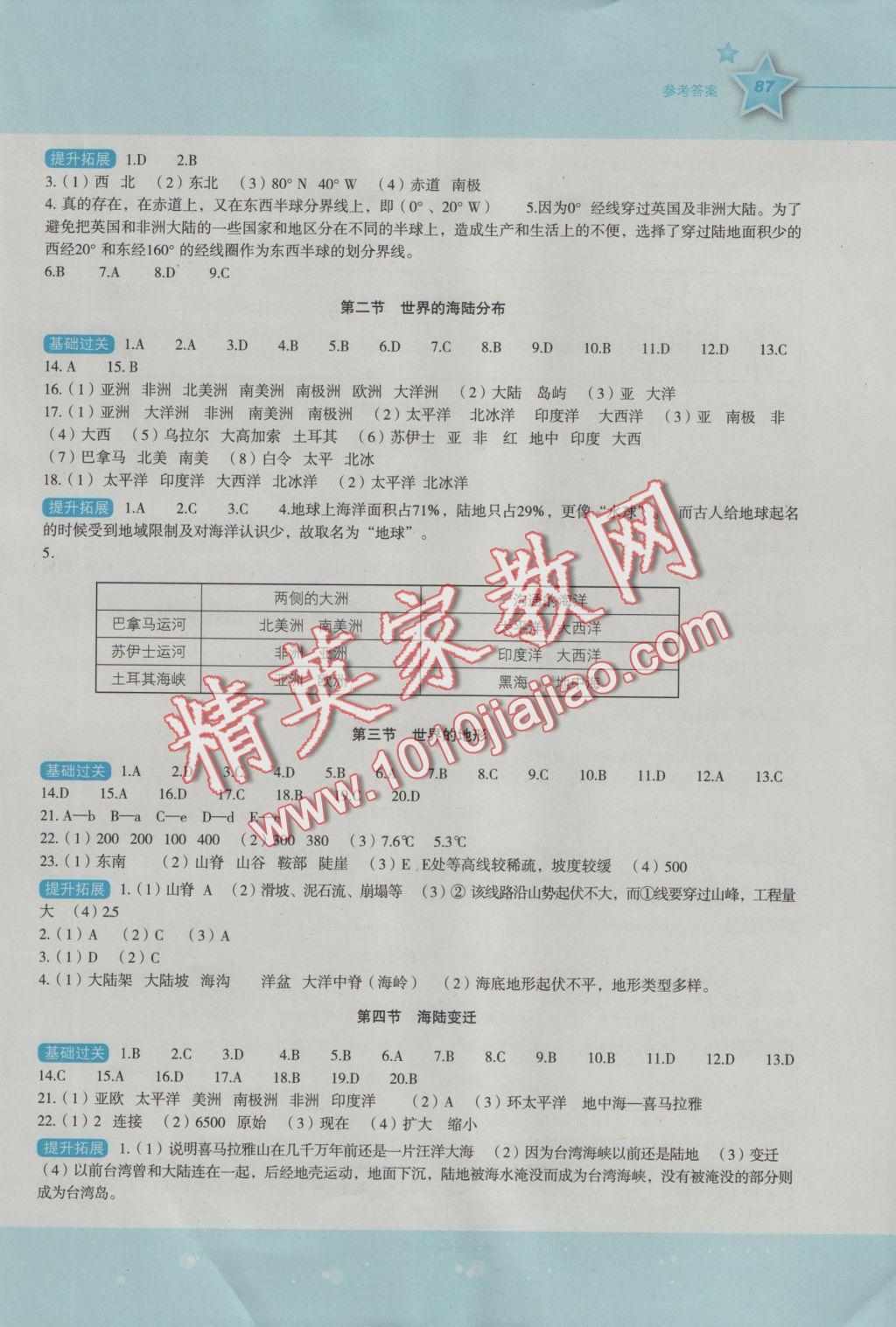 2016年新課標初中地理同步伴你學七年級上冊湘教版 參考答案第3頁