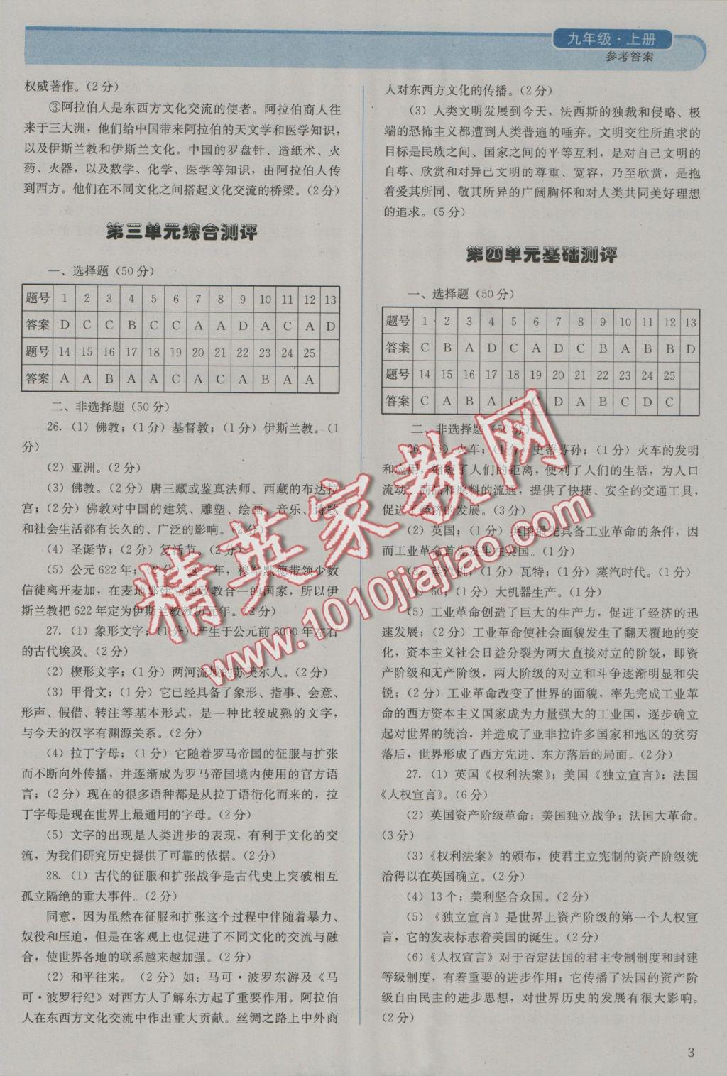 2016年人教金學(xué)典同步解析與測評九年級世界歷史上冊人教版J 參考答案第3頁