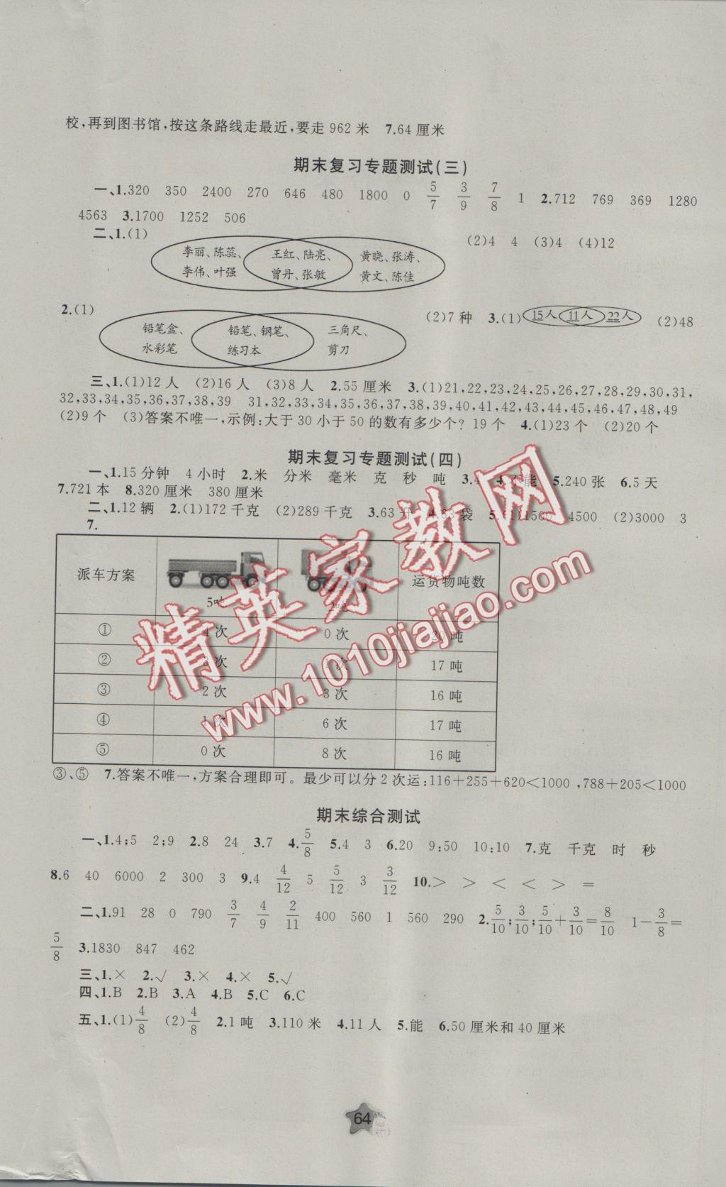 2016年新課程學(xué)習(xí)與測(cè)評(píng)單元雙測(cè)三年級(jí)數(shù)學(xué)上冊(cè)A版 參考答案第4頁(yè)