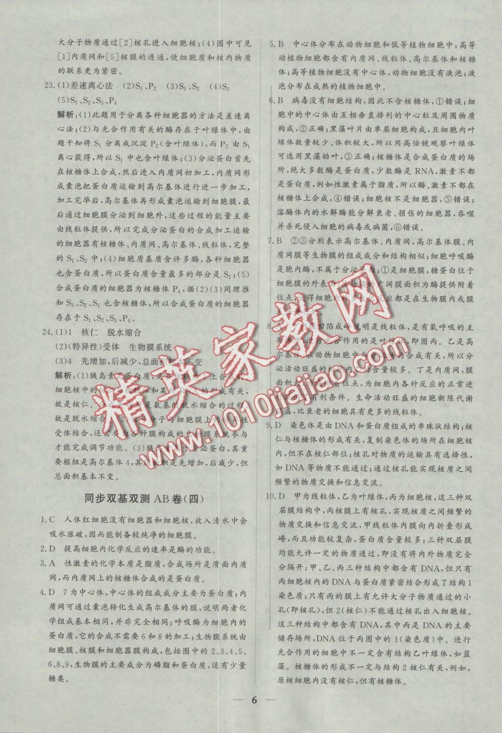 創(chuàng)新思維同步雙基雙測AB卷生物必修1 參考答案第6頁